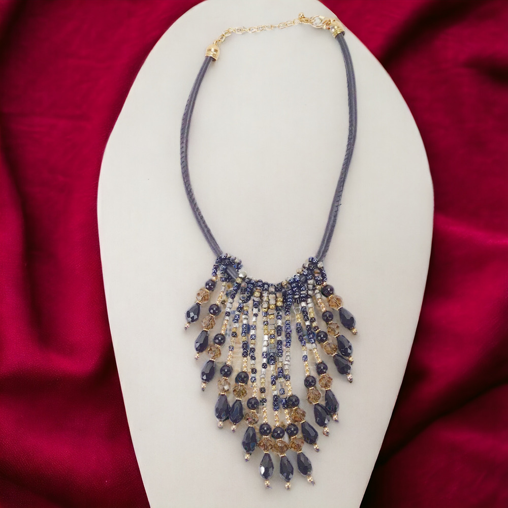 Stitched Leather Seed Glass Bead Fringe Gold Tone Lobster Clasp Necklace